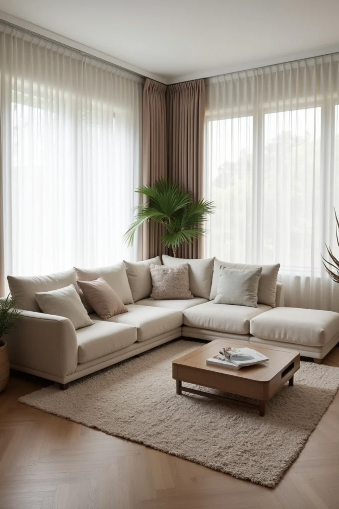 Living room with neutral modular sofa, flexible layout, coffee table, cushions, and cozy textured rugs.