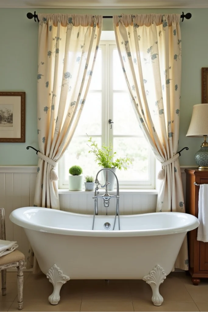 French country bathroom with linen floral curtains, tied-back ribbons, and soft natural sunlight