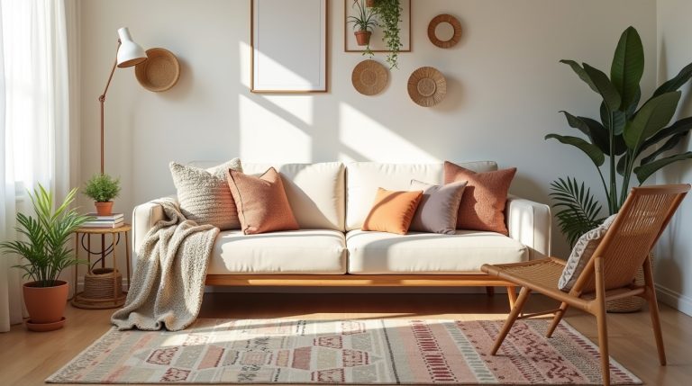 Cozy living room with beige sofa, textured pillows, knit throw, boho rug, plants, and eclectic decor.