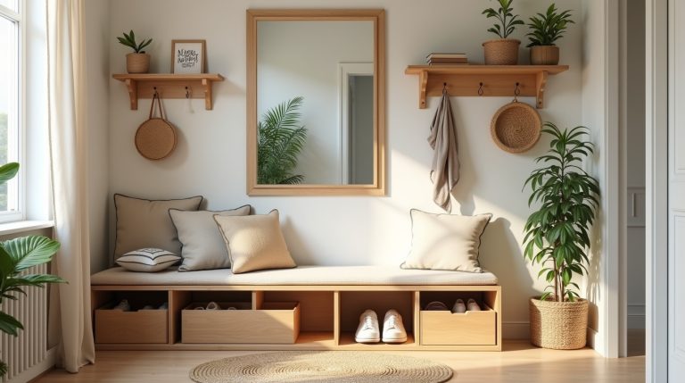 Small entryway with bench, shoe storage, hooks, mirror, baskets, plants, and stylish organization.