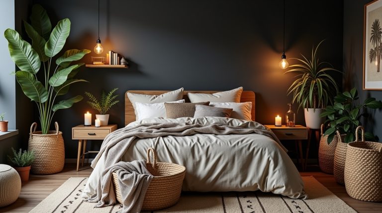 “Dark boho bedroom with velvet bedding, layered pillows, hanging plants, rugs, and cozy mystical decor”