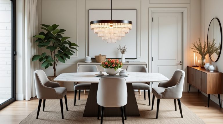Elegant dining room with marble table, velvet chairs, bold lighting, and cozy timeless accents.