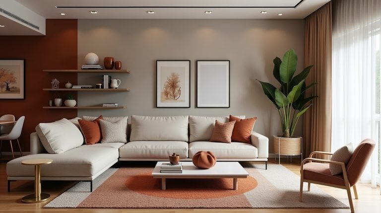 Chic contemporary living room with low-profile sofa, layered rugs, metallic accents, and cozy textures.