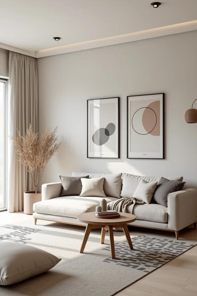 Modern living room with geometric rug and pillows, clean lines, soft lighting, and neutral tones.