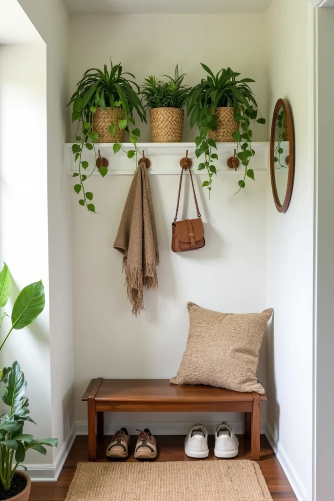 Boho entryway with greenery wall, pothos plants, rattan hooks, mirror, and bench with cushions.