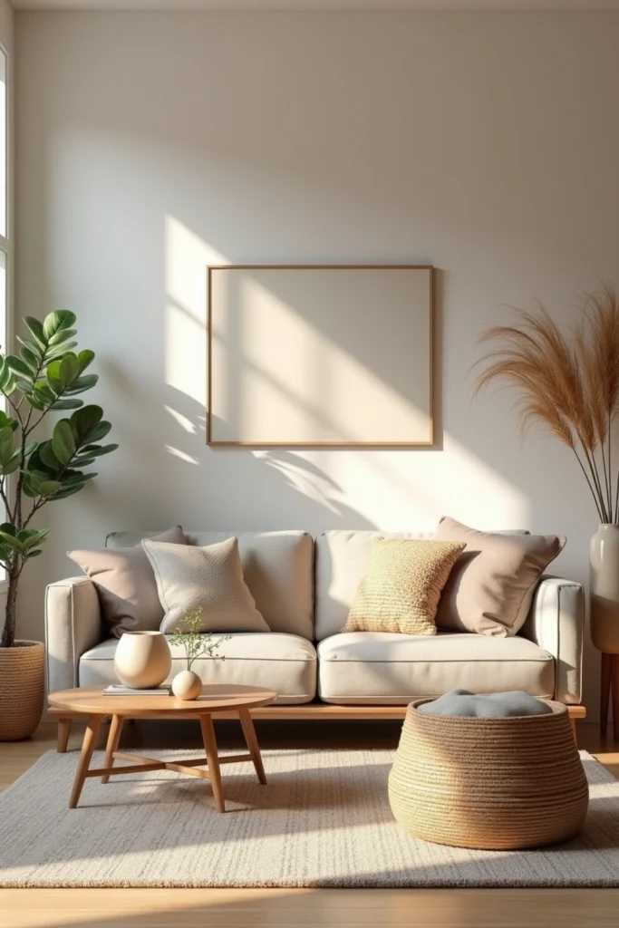 Contemporary living room with handcrafted pottery, woven baskets, low-profile sofa, and cozy textures.