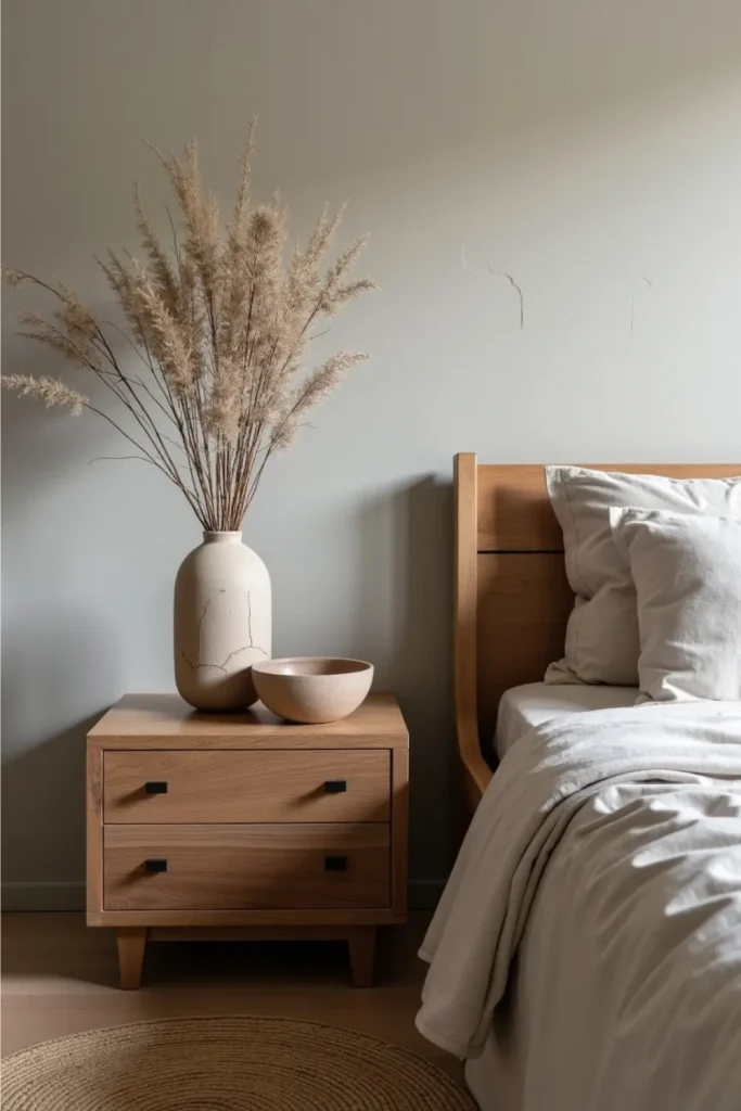 Handmade clay vase with dried branches on nightstand adds Wabi Sabi charm to bedroom corner.