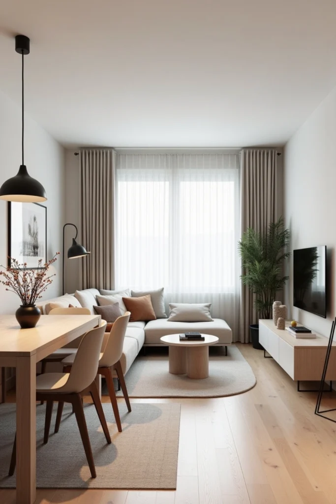 Scandinavian living-dining combo with airy layout, sofa, dining table, clear walking paths, and plants.