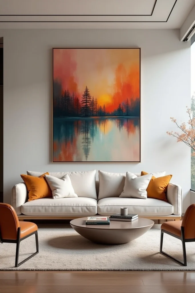 Contemporary living room with oversized abstract art, neutral sofa, sleek accents, and cozy textures.