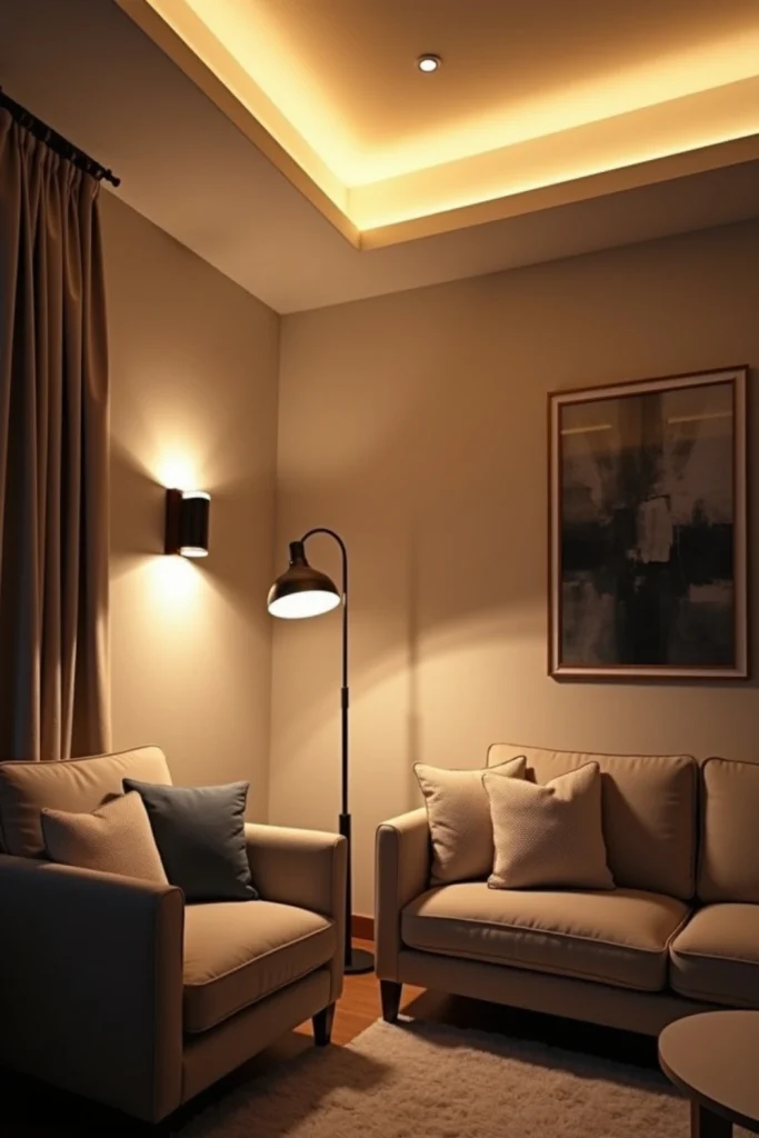 Modern living room with layered lighting—ceiling, lamps, sconces, and dimmable warm LEDs for mood.