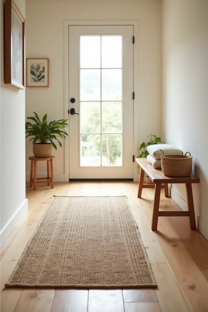 Japandi entryway with layered jute and patterned rugs, neutral tones, and cozy inviting style.