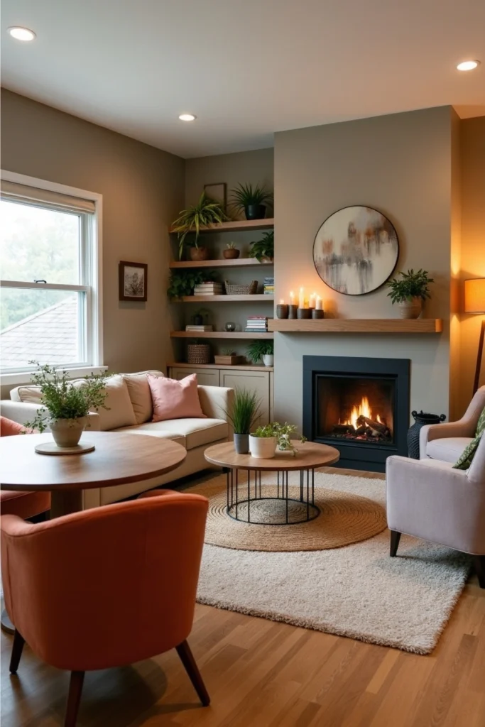 Warm living-dining combo with fireplace, beige sofa, round dining table, cozy rugs, and candles.