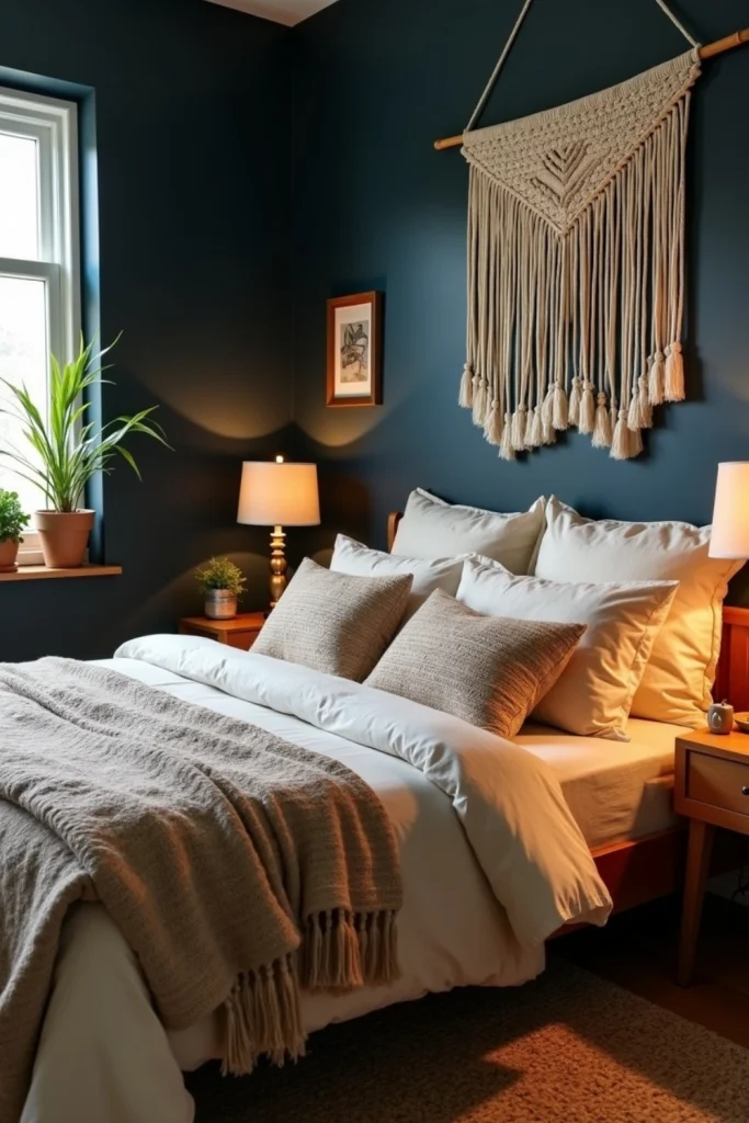 Dark boho bedroom with midnight blue accent wall, neutral bedding, macramé art, and warm brass decor.