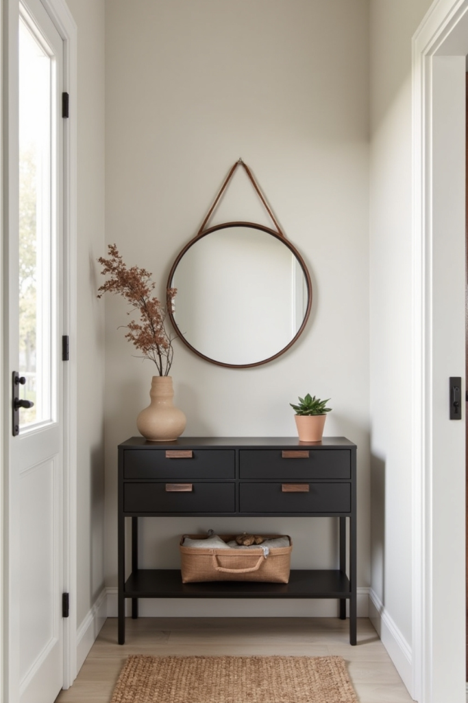 Minimalist entryway with black console table, drawers, vase, mirror, and tidy modern storage.