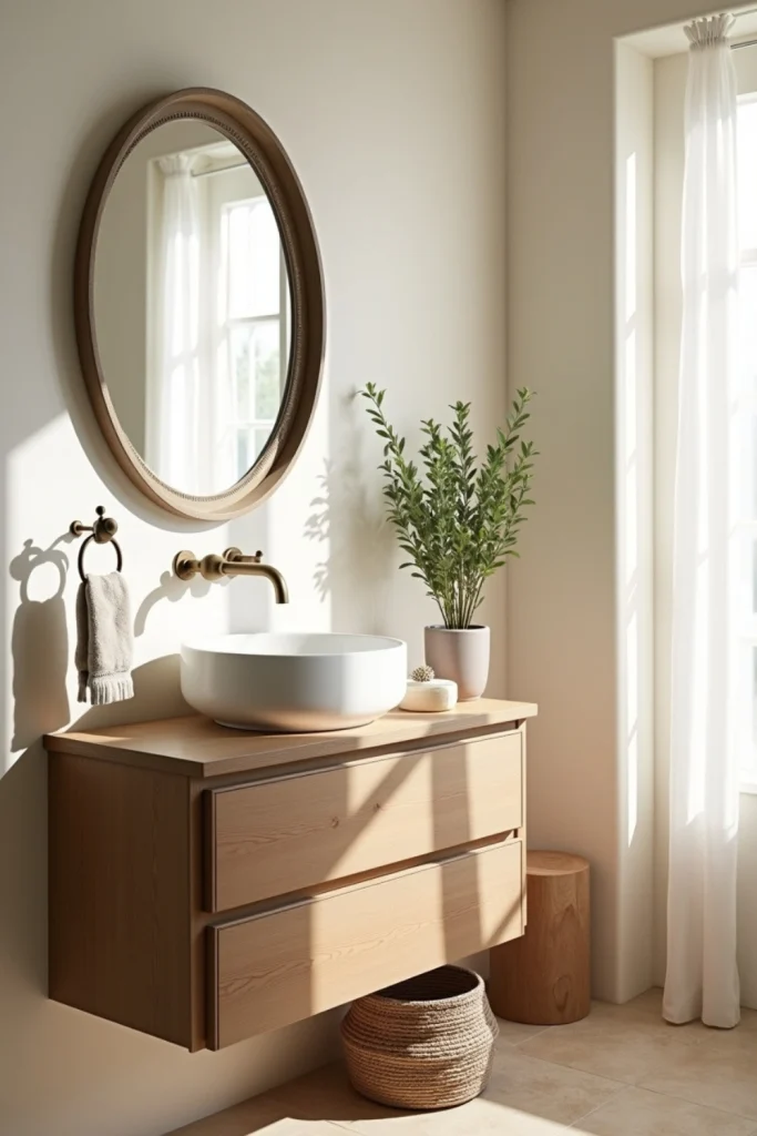 French country bathroom with modern sleek vanity, neutral tones, and vintage mirror accents