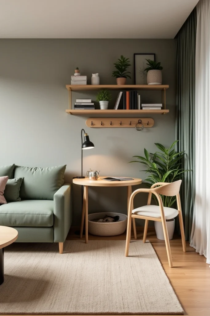 Small multifunctional living-dining room with fold-down desk, pet corner, sofa, rugs, and plants.