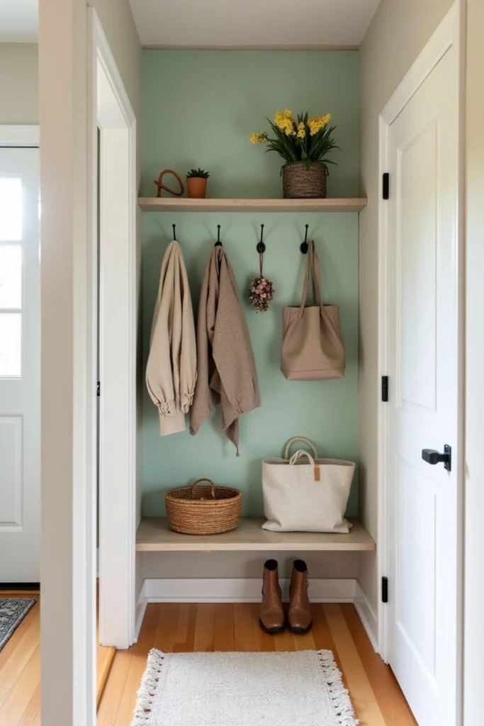 Narrow entrance with green pegboard, hooks, small basket, shelves, and organized storage solutions.