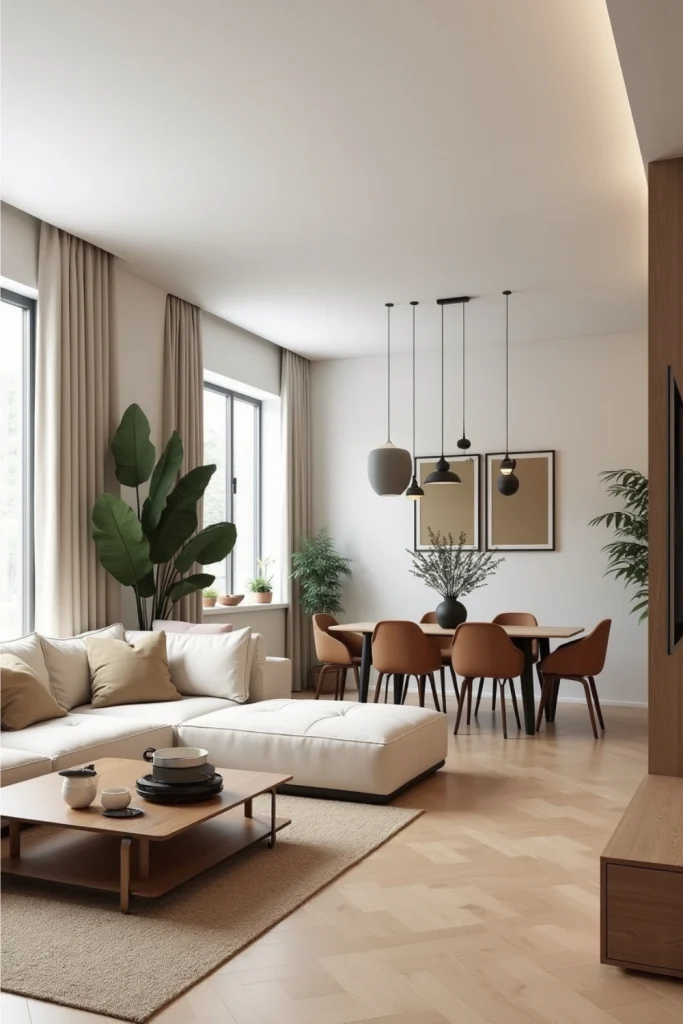 Modern open concept living dining layout with L-shaped sofa, pendant lighting, and wood tones.