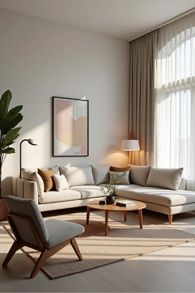 Contemporary living room with U-shaped seating around a coffee table for open, social conversation.