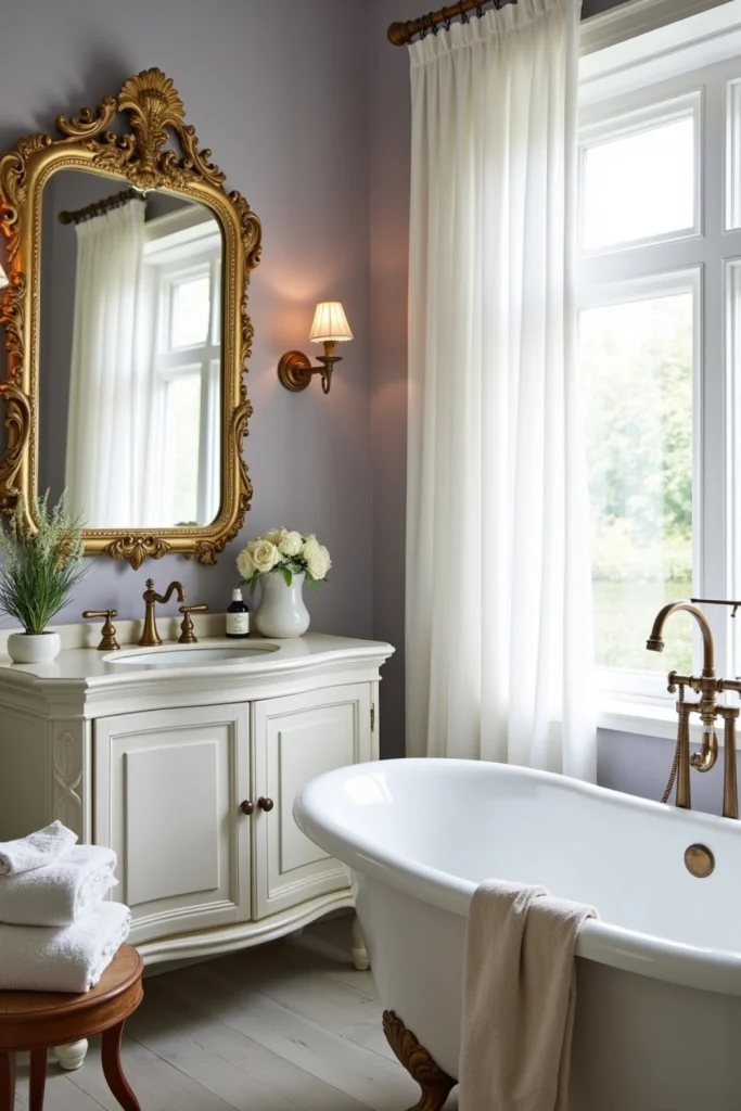 French Country bathroom with gilded ornate mirror, pastel walls, clawfoot tub, and soft linens.
