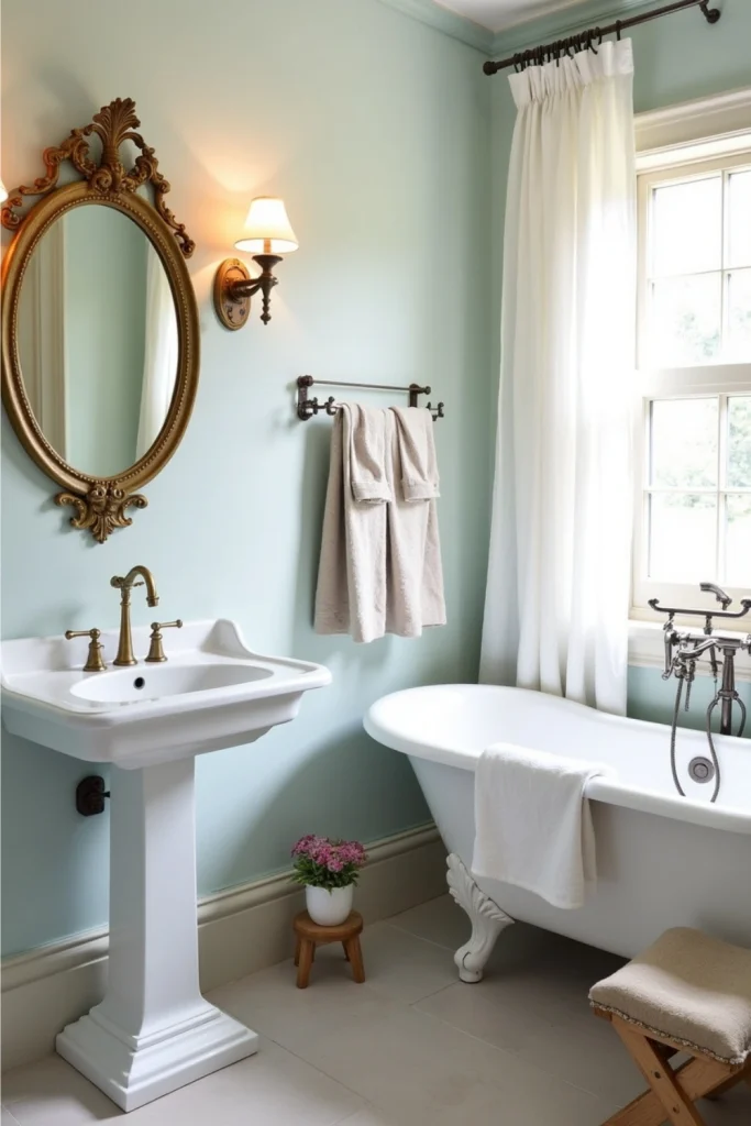 French Country bathroom with pedestal sink, antique brass faucet, gilded mirror, and soft pastel walls.