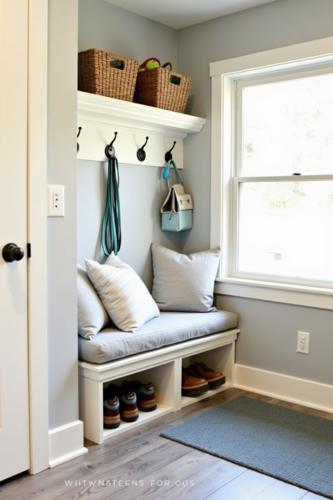 Pet-friendly mudroom corner with bench, low hooks, toy basket, and water-resistant mat.