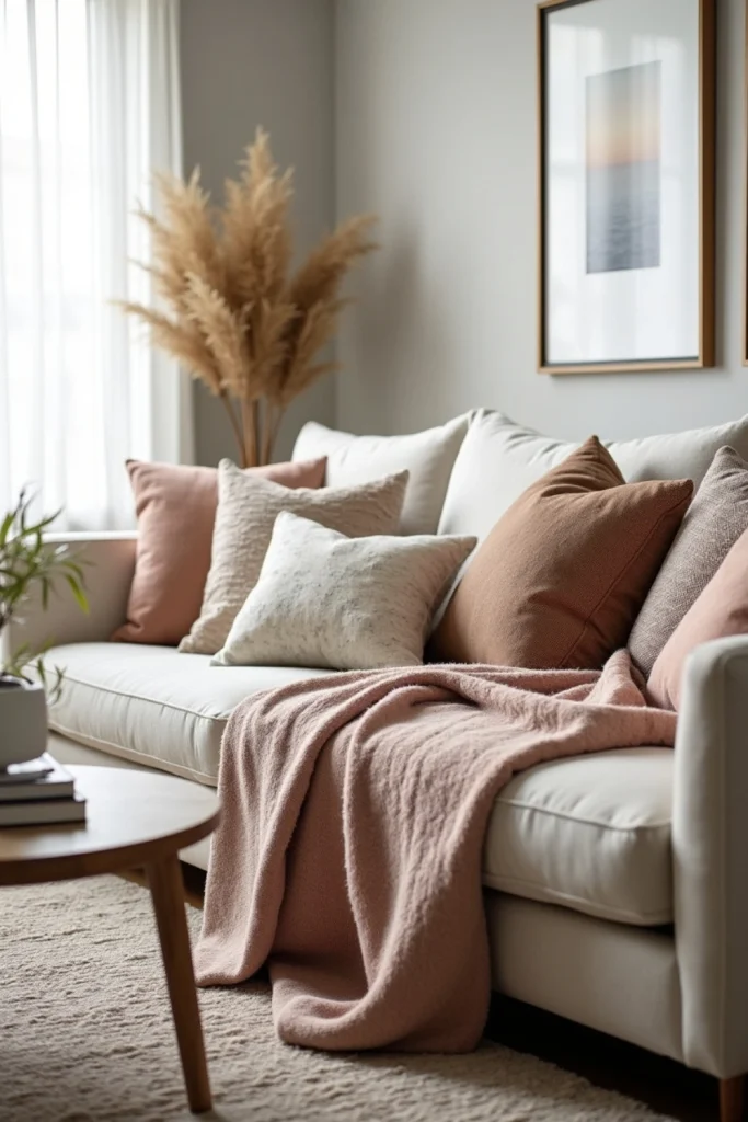 Neutral sofa layered with plush throws and cushions, textured rugs, soft lighting, cozy living room.