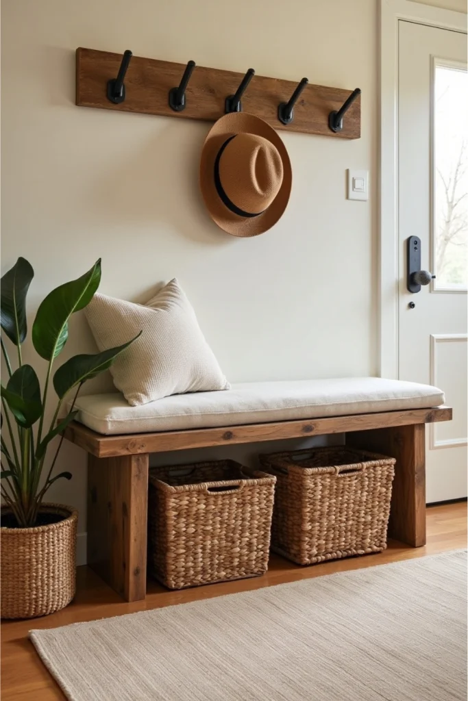 Rustic reclaimed wood bench with cushion and woven baskets for cozy, organized entryway storage.