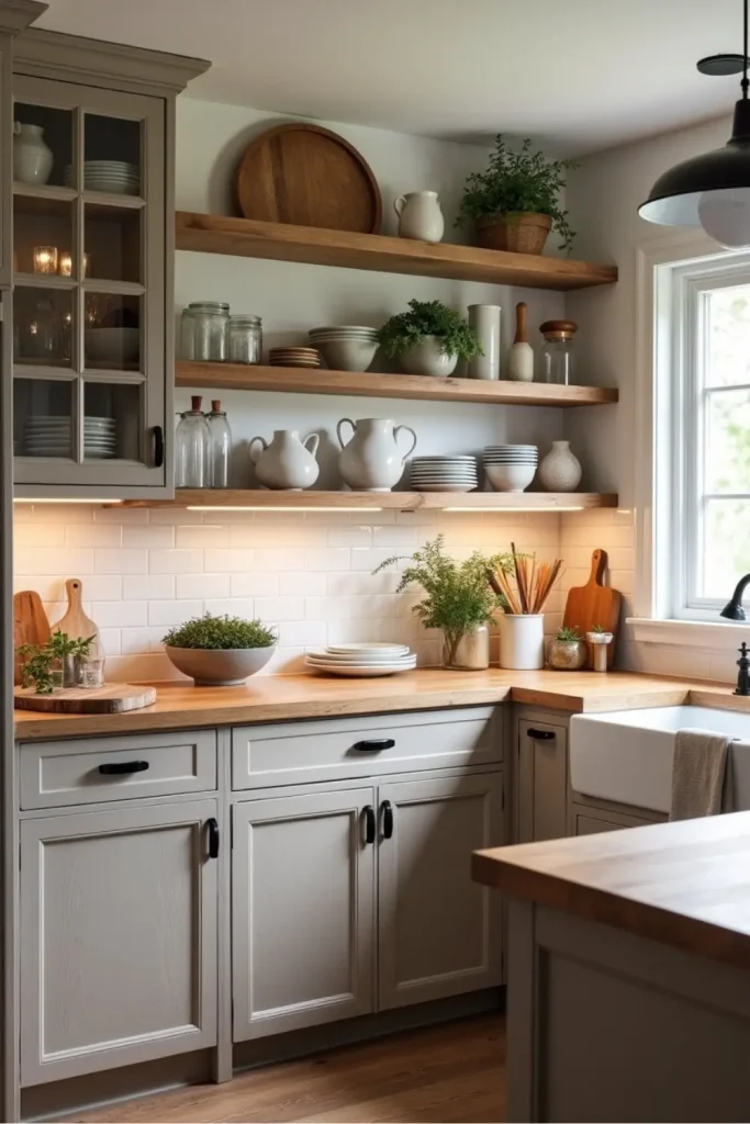Rustic farmhouse kitchen with worn oak or gray cabinets, black iron handles, and cozy accents.