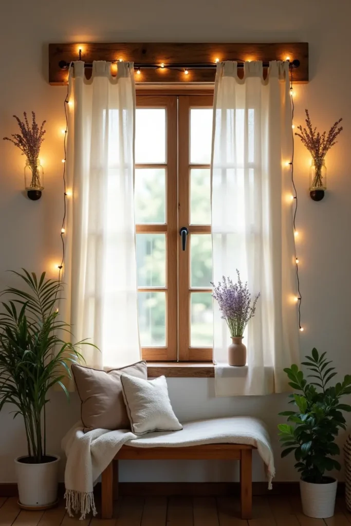 Cozy rustic window with linen curtains, mason jar sconces, string lights, and wooden valance.