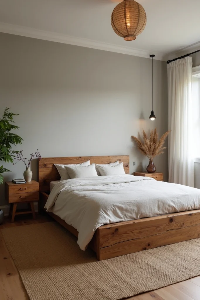 Low-profile rustic wooden bed frame with natural knots and neutral bedding in Wabi Sabi bedroom.