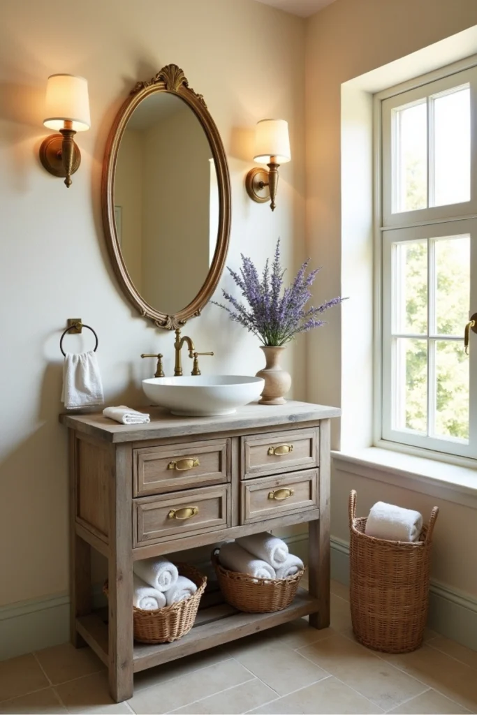 Rustic French country bathroom with reclaimed wood vanity, ceramic sink, and vintage mirror