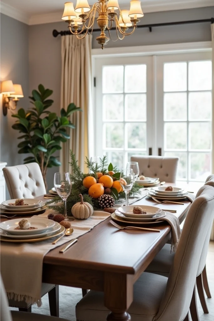 Elegant dining room with seasonal table decor, neutral chairs, soft runner, and inviting ambiance.