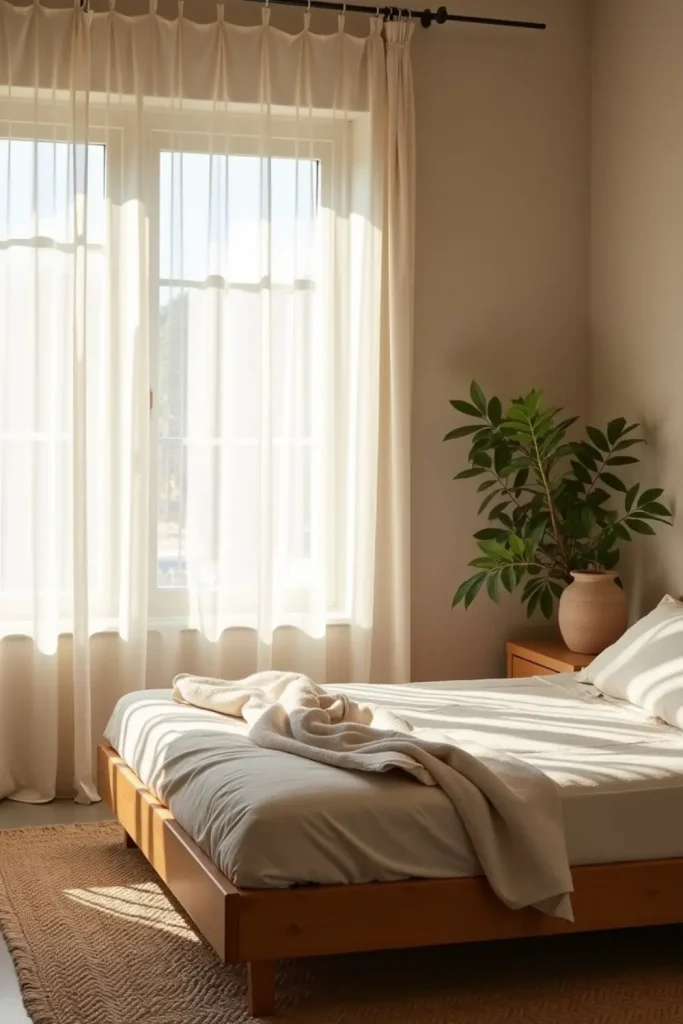 Sheer linen curtains filter soft sunlight in Wabi Sabi bedroom, highlighting natural textures and warmth.
