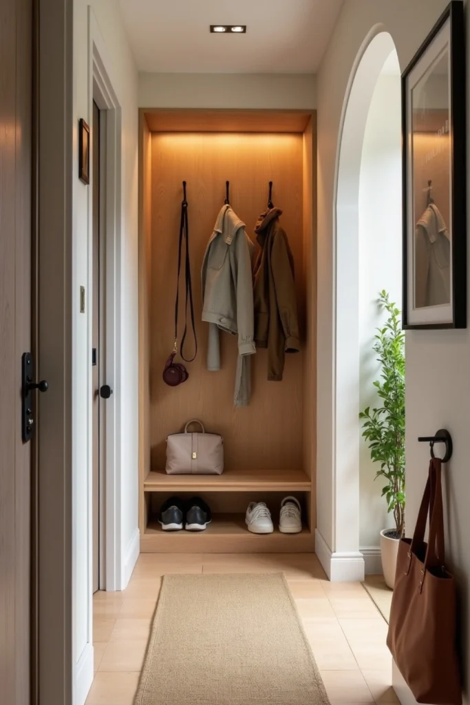 Built-in bamboo shoe rack in small entryway with hidden storage, wall-matched finish, and pet hook.