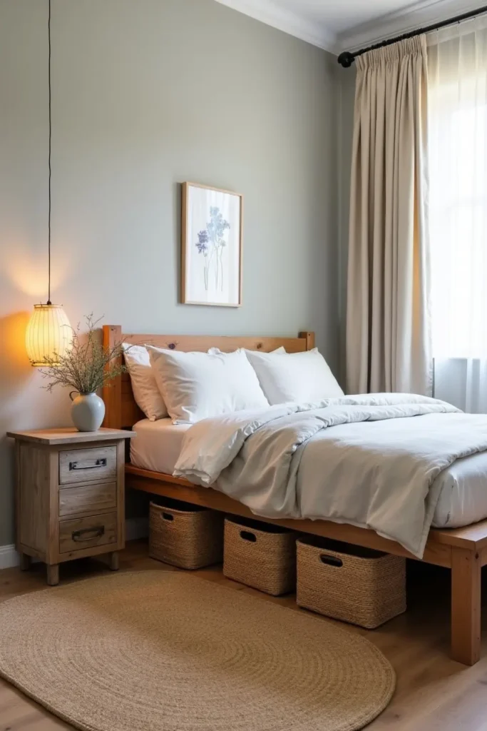 Woven baskets and crates provide storage under bed in small Wabi Sabi bedroom with neutral decor.