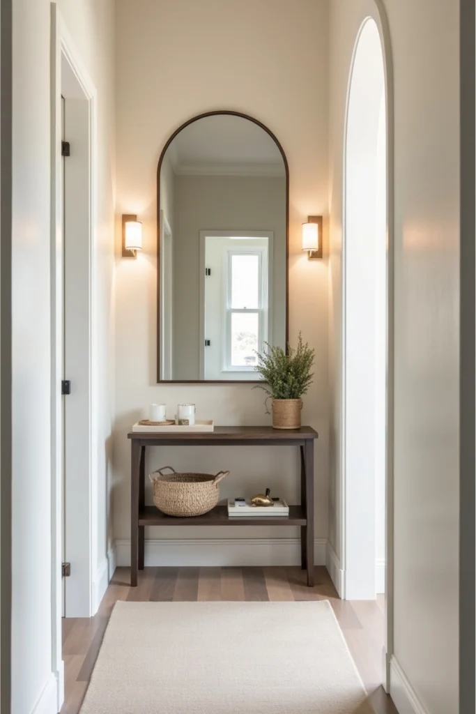 Narrow hallway with arched mirror, slim console table, shelf for keys, and soft ambient lighting.