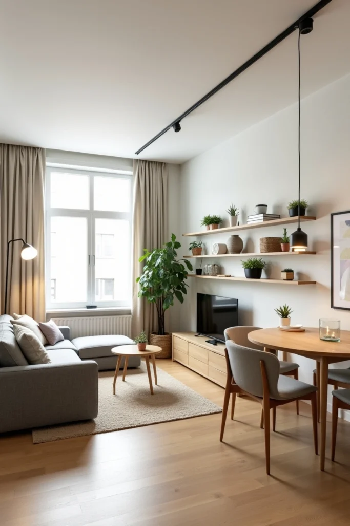Modern small living dining combo with gray sofa, round wood table, soft rug, and floating shelves.