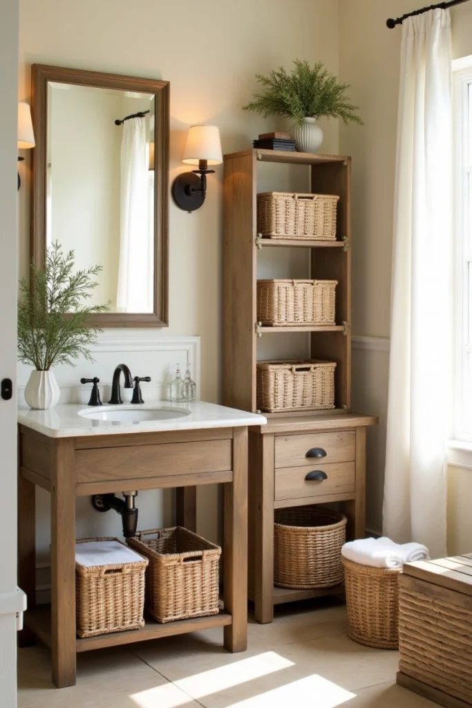 Small French country bathroom with wicker baskets, stacked crates, and rustic storage accents