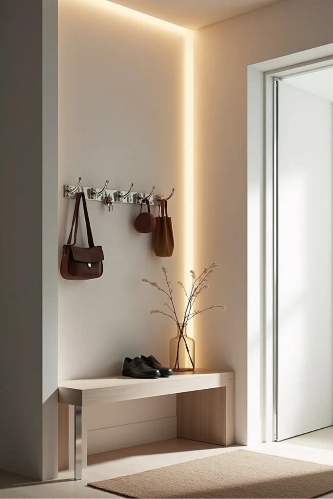 Modern entryway with metal smart hooks, slim table, app-connected tracking, and tidy storage.
