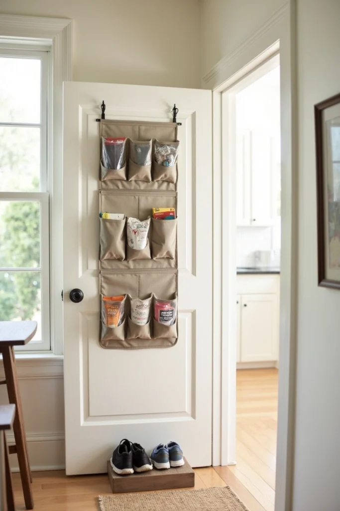 Tiny entryway with neutral over-door pocket organizer, clear pockets, and shoe tray below.