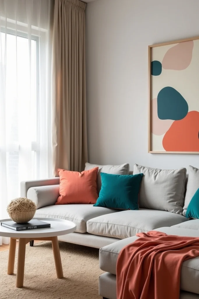 Contemporary living room with neutral base, teal and coral accents, soft textiles, and warm lighting.