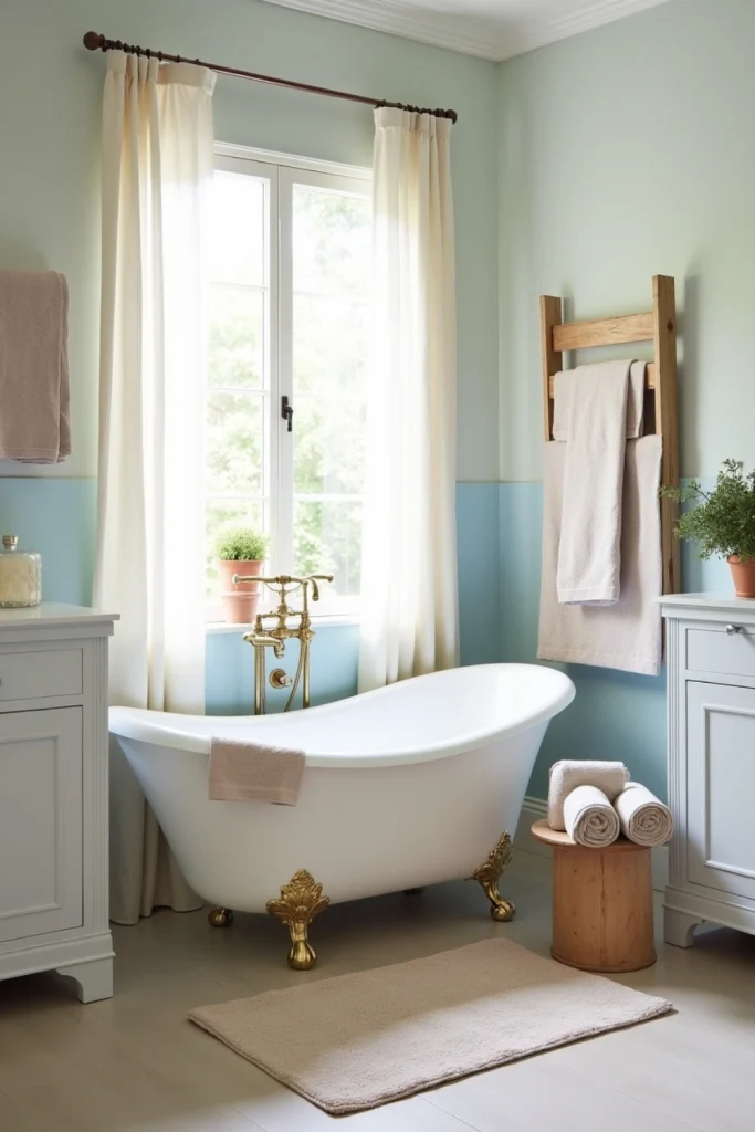 French Country bathroom with pastel walls, clawfoot tub, textured linens, and neutral accents.