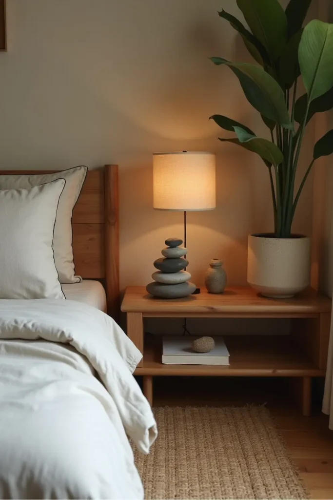 Smooth stone accents on shelf add natural, serene charm to Wabi Sabi Japandi bedroom decor.