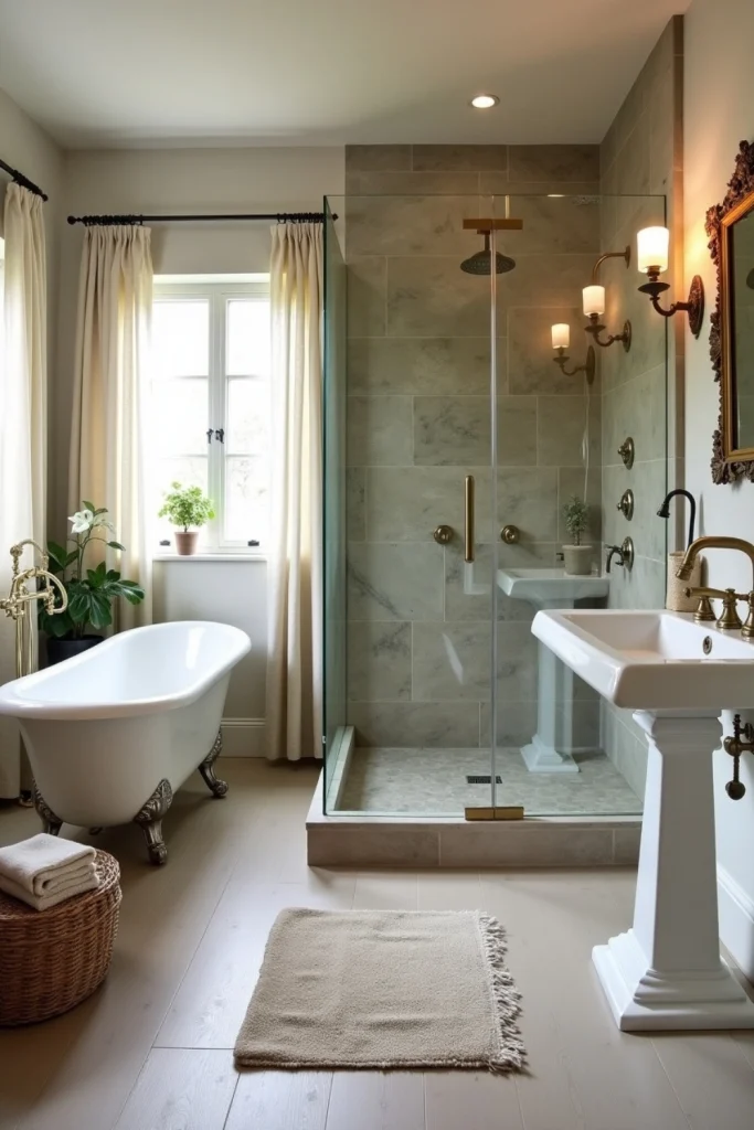 French Country bathroom with stone-tiled shower, rain showerhead, clawfoot tub, and soft natural light.