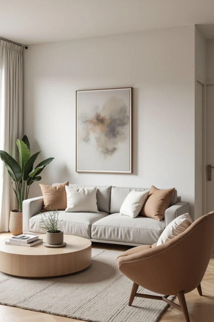 Modern living room with low-profile leather sofa, sleek lines, neutral tones, and minimalist decor.