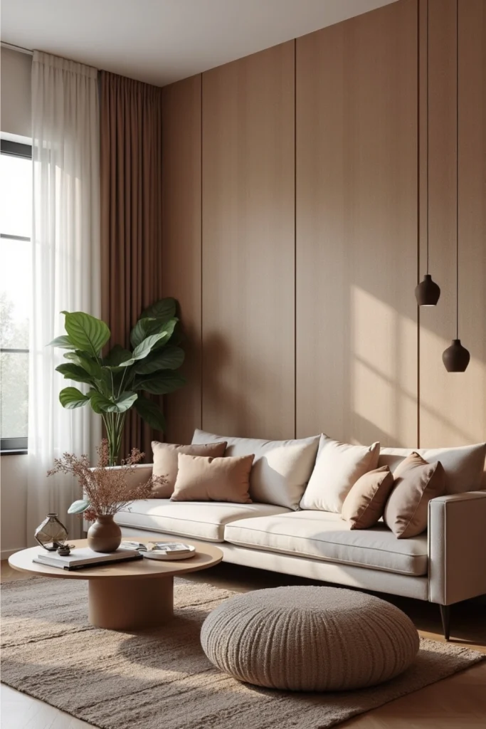 Modern living room with textured taupe accent wall, neutral furniture, soft cushions, and layered rugs.