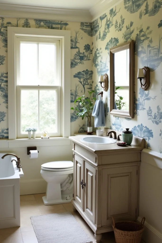 French country bathroom with toile wallpaper accent wall, rustic vanity, and soft ceramic fixtures