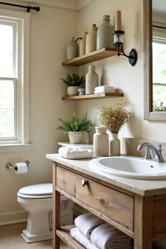 French country bathroom with vintage ceramic vases, soap dishes, and apothecary jars on vanity