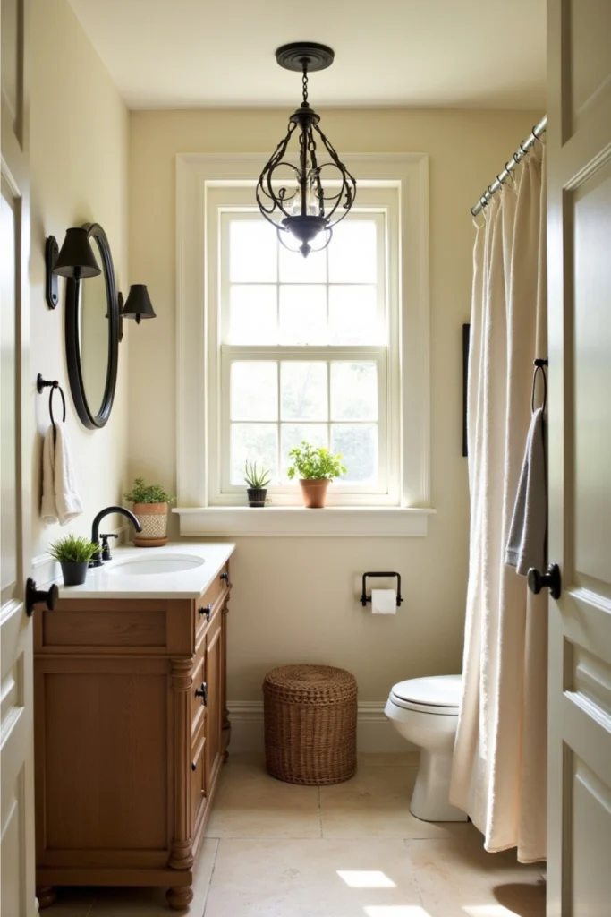 French country bathroom with wrought iron towel rack, light fixture, and rustic cottage accents